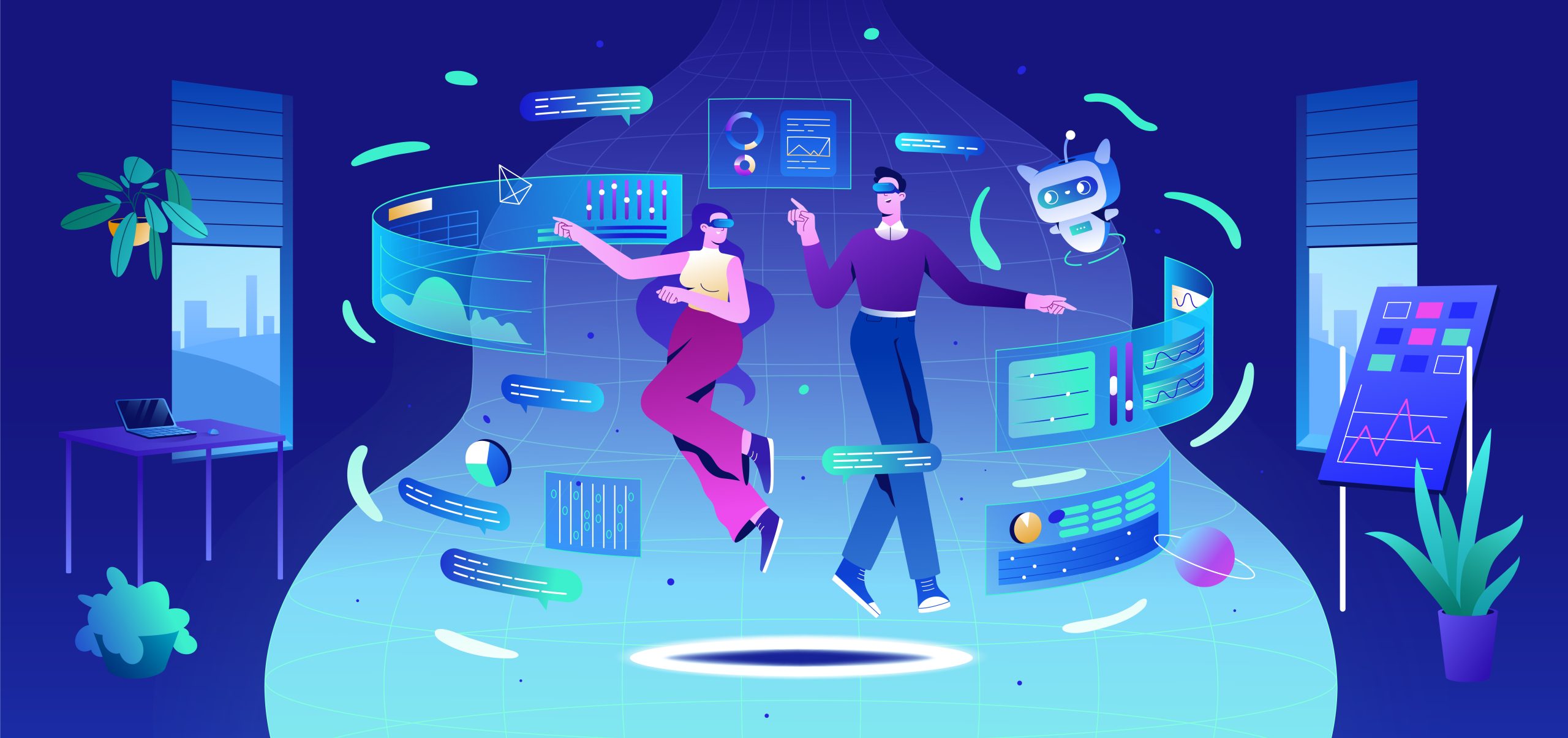 Flat people in VR goggles and ai robot in metaverse working with business data Metaverse technology concept. Flat people with virtual reality goggles and ai robot in office. Characters in futuristic glasses working with business data and graphs. Person use ai smart analysis.