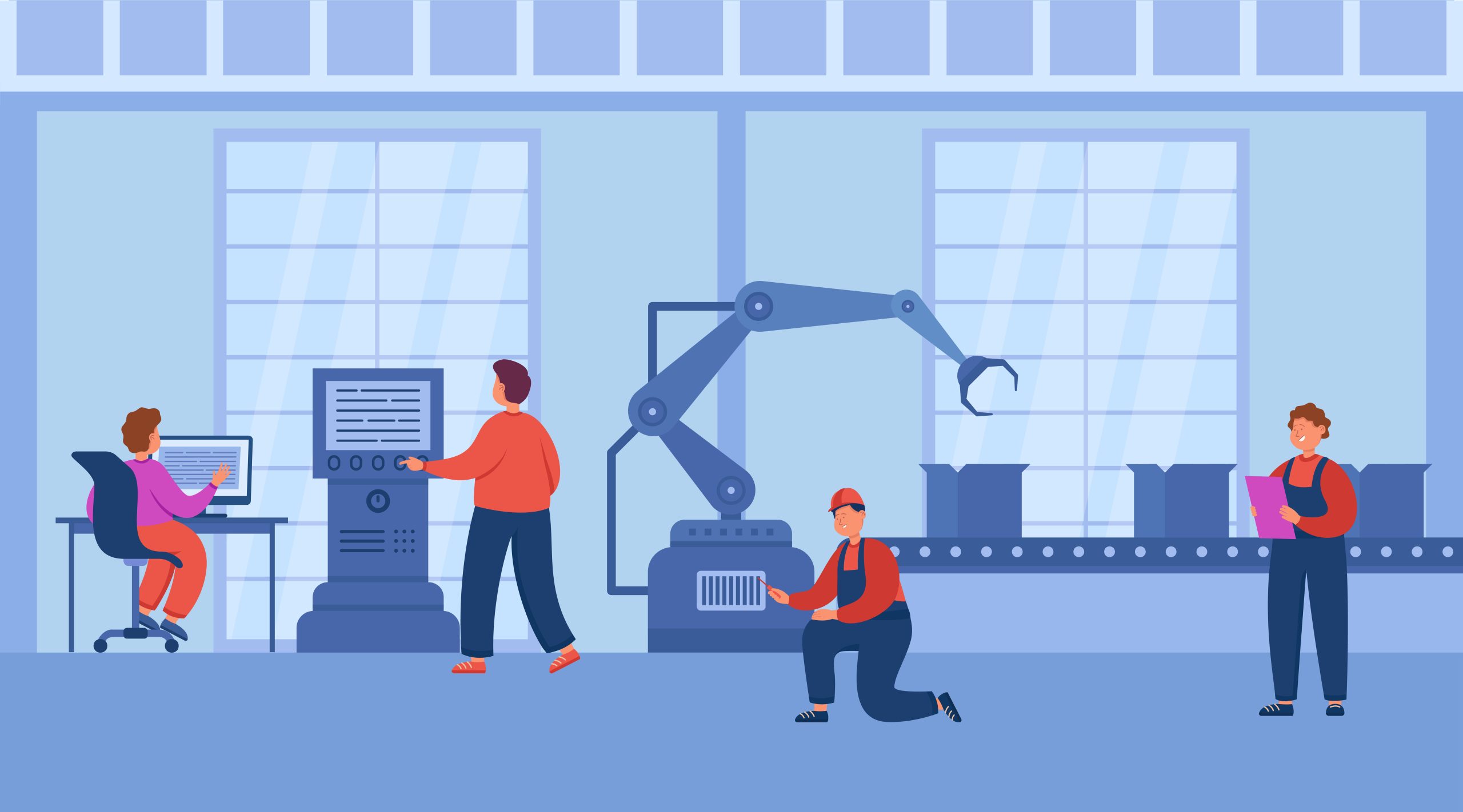 Production process using robots and computers at smart factory Manufacturing